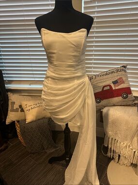 Luxxel Strapless White Draped Mini Dress with Sheer Train